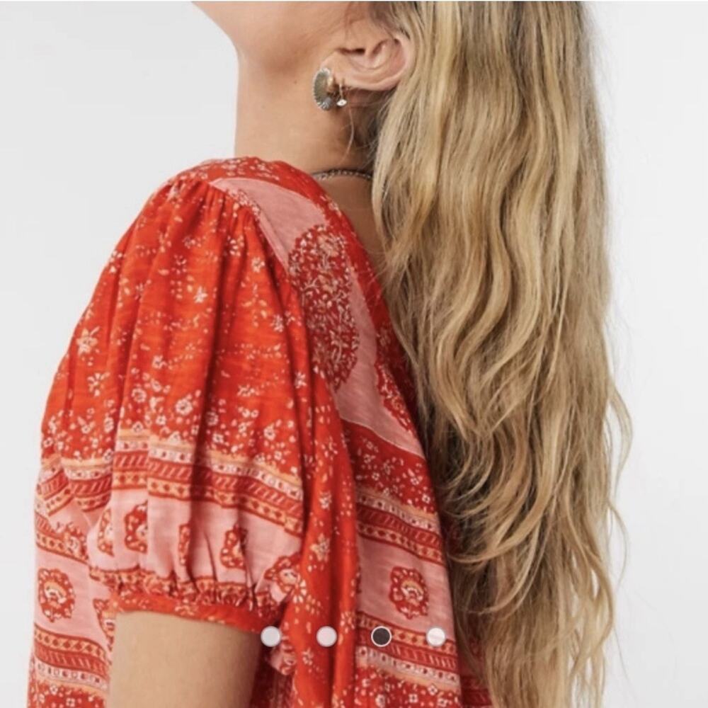 Free People Floral Scoop Neck Puff Short Sleeve low back Tunic Blouse XS - Picture 3 of 13